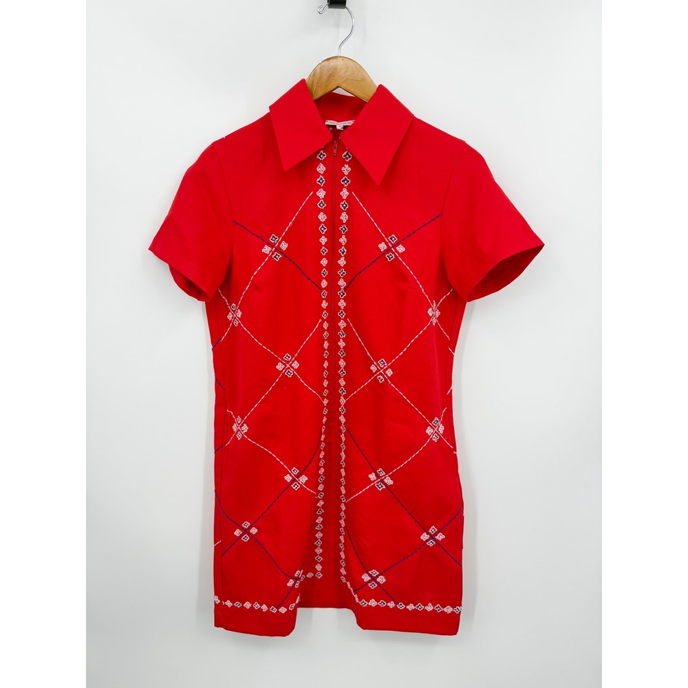 Frances Valentine Mabel Embroidered Zip Front Dress sz M Red Short Sleeve Mini